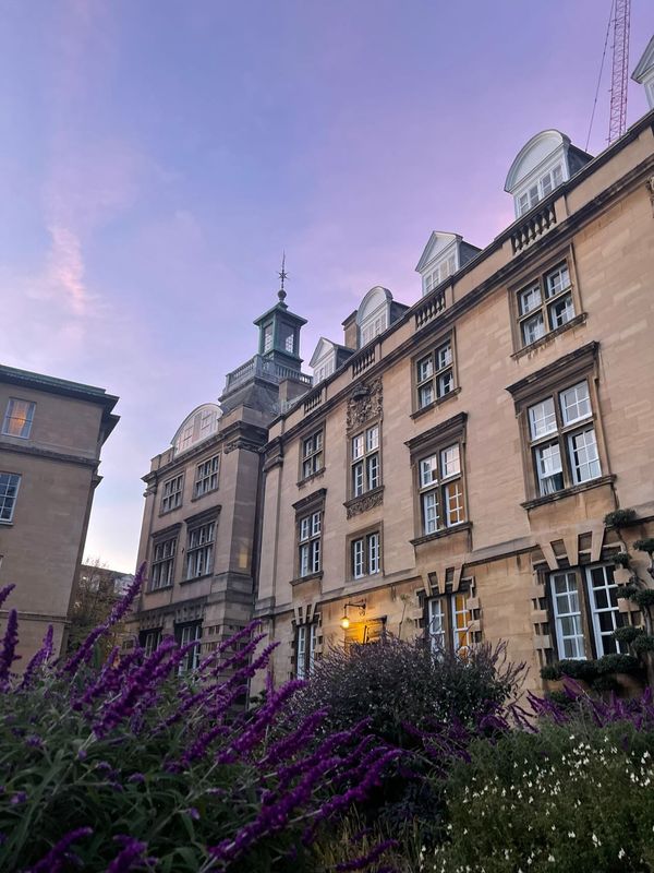Third Court, V block with purple salvias in foreground